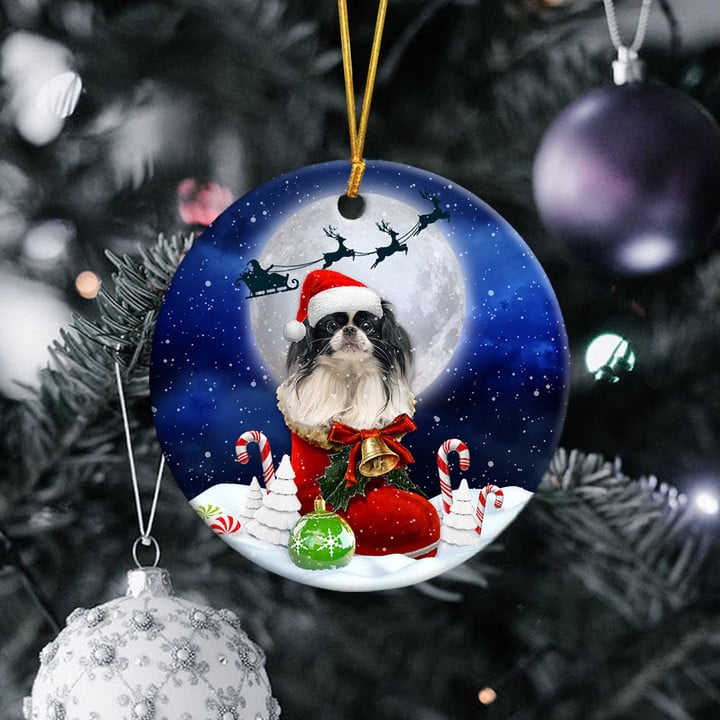 Japanese Chin In Santa Boot Christmas Ceramic Ornament