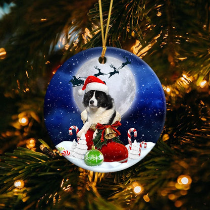 Karelian Bear Dog In Santa Boot Christmas Ceramic Ornament