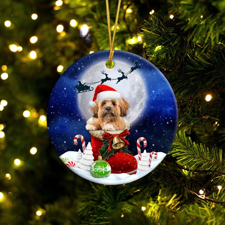 Ornement Rond En Céramique De Noël Lhassa Apso dans la botte du Père Noël 