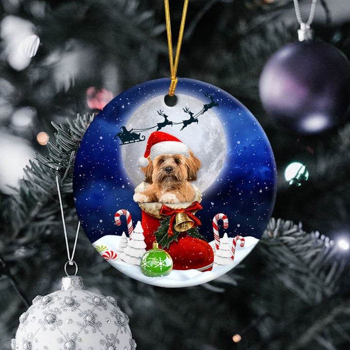 Lhasa Apso im Weihnachtsmann-Stiefel, weihnachtliches Keramikornament 