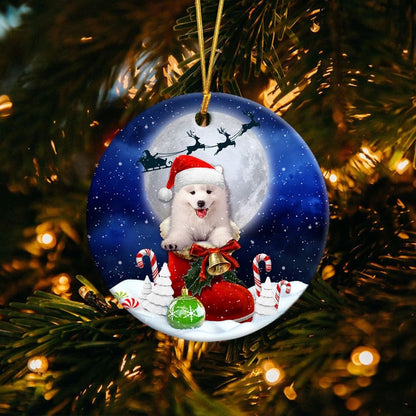 Samoyed In Santa Boot Christmas Ceramic Ornament