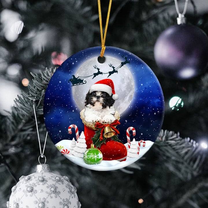 Shih Tzu black white In Santa Boot Christmas Ceramic Ornament