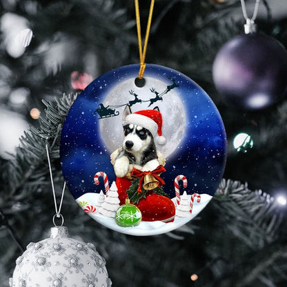 Siberian Husky black white In Santa Boot Christmas Ceramic Ornament