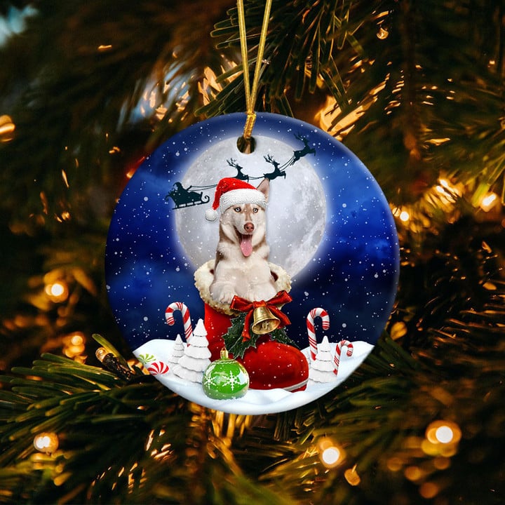 Sibirischer Husky rot im Weihnachtsmann-Stiefel, weihnachtliches Keramikornament 