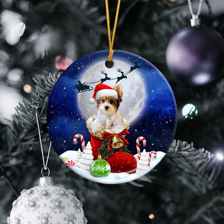 Ornement Rond En Céramique Yorkshire Terrier parti dans Santa Boot Noël 