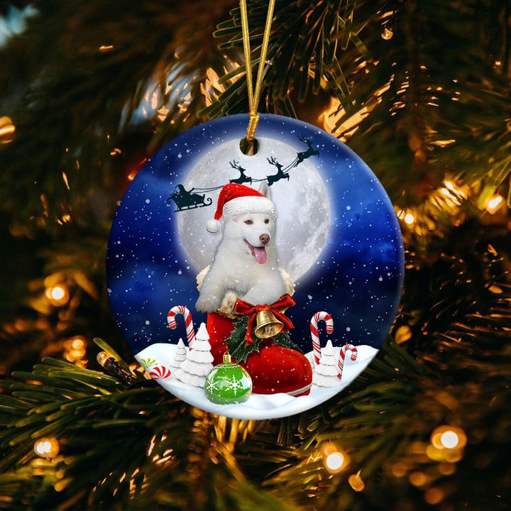 Siberian Husky white In Santa Boot Christmas Ceramic Ornament