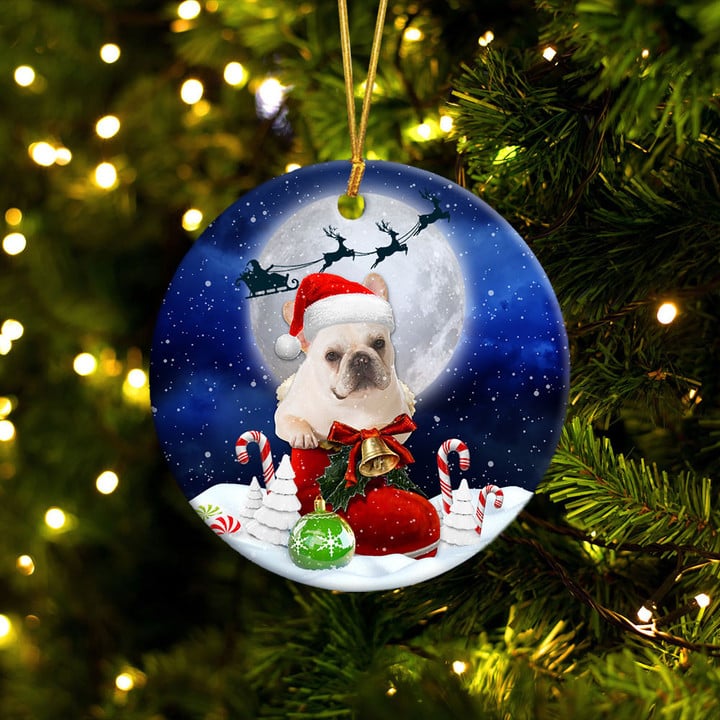 French Bulldog White In Santa Boot Christmas Ceramic Ornament