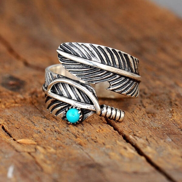 🔥 Last Day Promotion 75% OFF🎁Boho Feather Turquoise Adjustable Ring