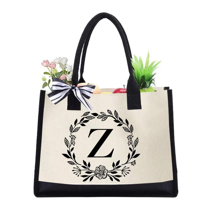 Letter Canvas Bag Women Hit Color Simple Shoulder Shopping Tote Handbag