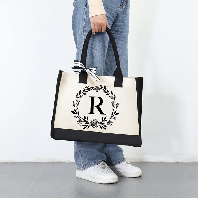 Letter Canvas Bag Women Hit Color Simple Shoulder Shopping Tote Handbag