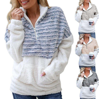 Women's Fashion Plush New V-neck Zipper Long-sleeved Color-blocking Warm Sweater