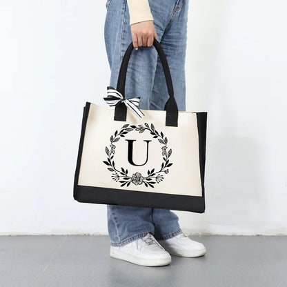 Letter Canvas Bag Women Hit Color Simple Shoulder Shopping Tote Handbag