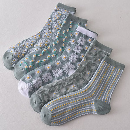 Black Friday Sale 50% OFF-5 paires de chaussettes bleues élégantes en coton à fleurs en relief pour femmes