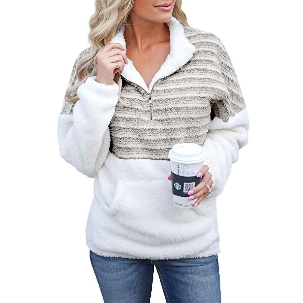 Women's Fashion Plush New V-neck Zipper Long-sleeved Color-blocking Warm Sweater