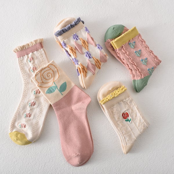 Black Friday Soldes -50%-5 paires de chaussettes femme en coton fleuri rose