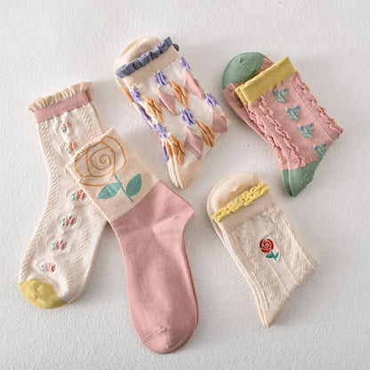 Black Friday Soldes -50%-5 paires de chaussettes femme en coton fleuri rose