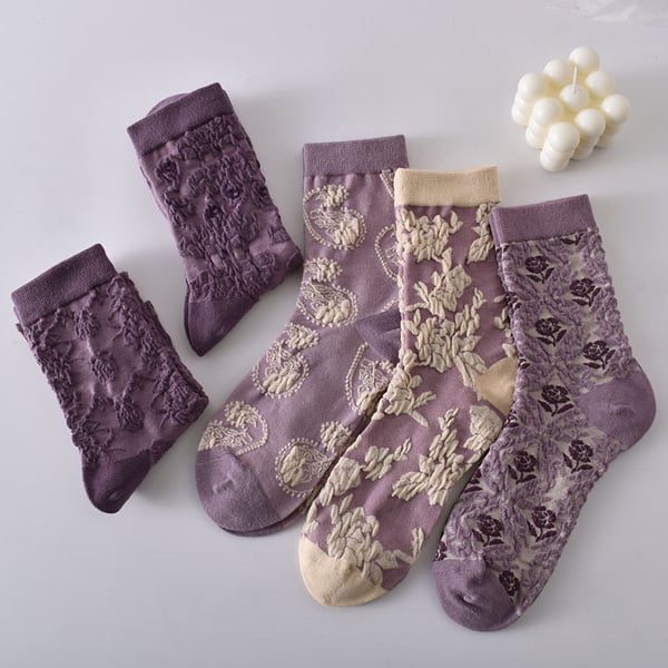 Black Friday Sale 50 % RABATT – 5 Paar violette Baumwollsocken mit Vintage-Blumenmuster für Damen