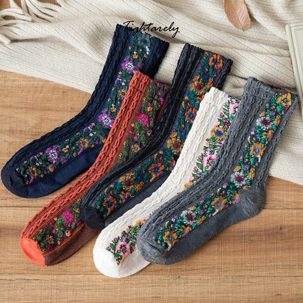 Chaussettes vintage brodées à fleurs pour femmes (🎁Vente du Nouvel An) -A*