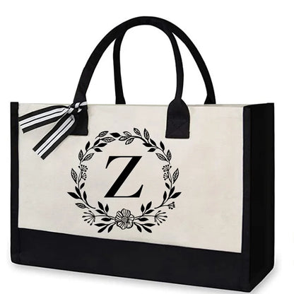 Letter Canvas Bag Women Hit Color Simple Shoulder Shopping Tote Handbag