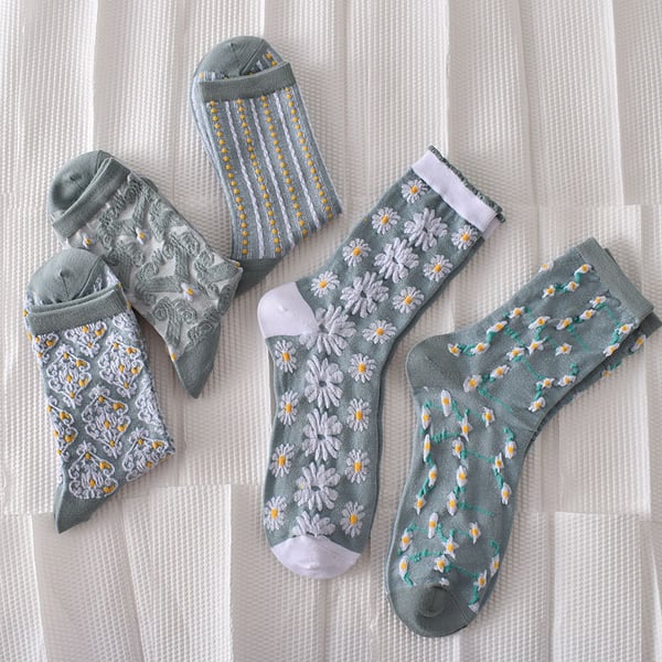 Black Friday Sale 50% OFF-5 paires de chaussettes bleues élégantes en coton à fleurs en relief pour femmes