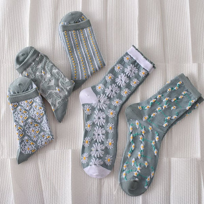 Black Friday Sale 50%OFF-5 Pairs Women's Blue Elegant Embossed Floral Cotton Socks