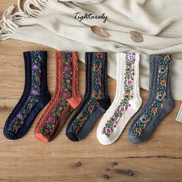 Chaussettes vintage brodées à fleurs pour femmes (🎁Vente du Nouvel An) -A*