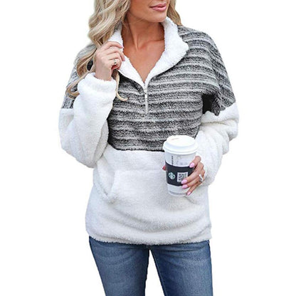 Women's Fashion Plush New V-neck Zipper Long-sleeved Color-blocking Warm Sweater