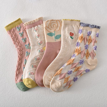 Black Friday Soldes -50%-5 paires de chaussettes femme en coton fleuri rose