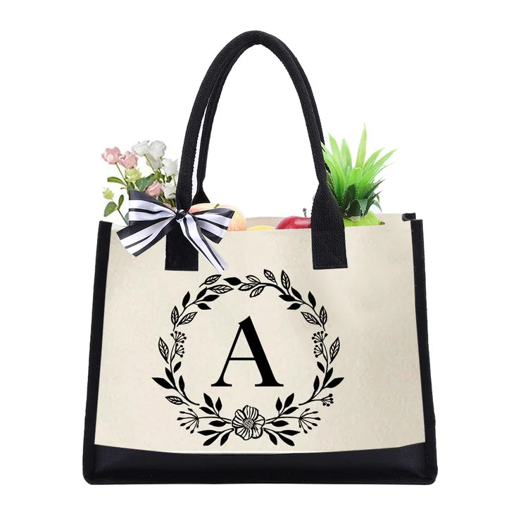 Letter Canvas Bag Women Hit Color Simple Shoulder Shopping Tote Handbag