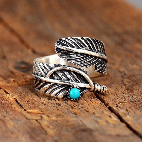 🔥 Last Day Promotion 75% OFF🎁Boho Feather Turquoise Adjustable Ring