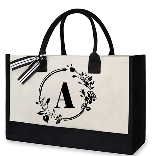 Letter Canvas Bag Women Hit Color Simple Shoulder Shopping Tote Handbag