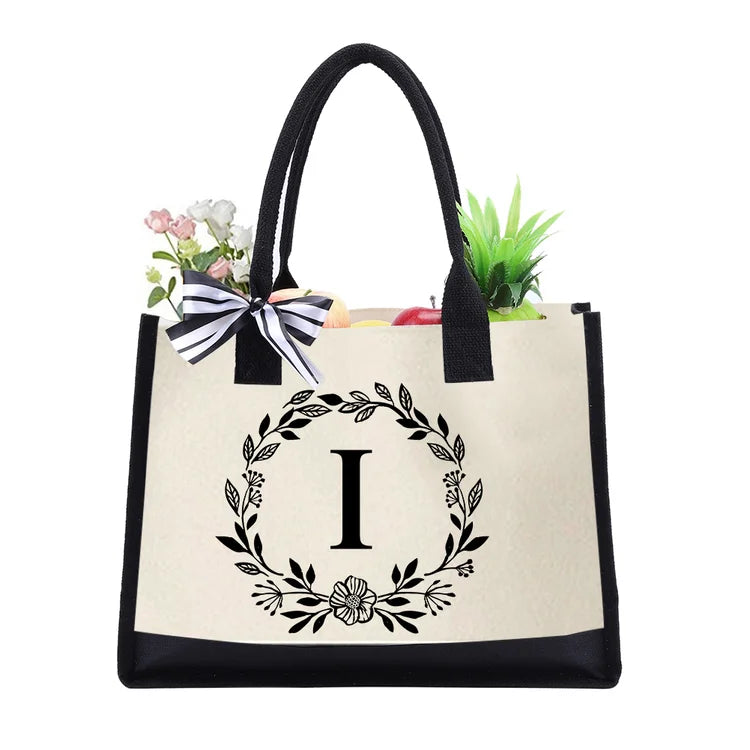 Letter Canvas Bag Women Hit Color Simple Shoulder Shopping Tote Handbag