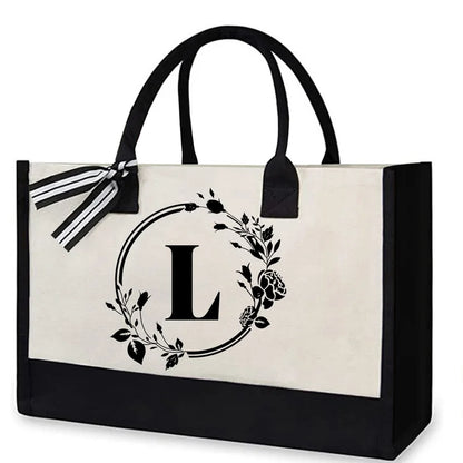 Letter Canvas Bag Women Hit Color Simple Shoulder Shopping Tote Handbag