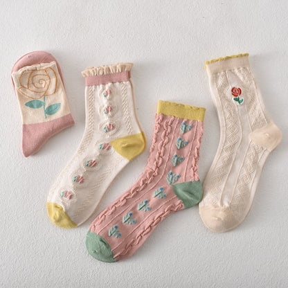 Black Friday Soldes -50%-5 paires de chaussettes femme en coton fleuri rose