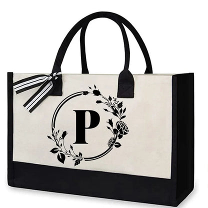 Letter Canvas Bag Women Hit Color Simple Shoulder Shopping Tote Handbag