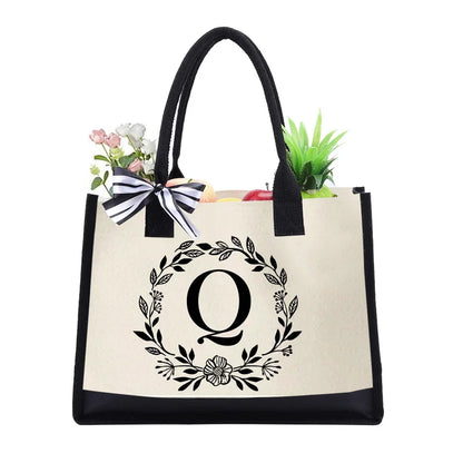 Letter Canvas Bag Women Hit Color Simple Shoulder Shopping Tote Handbag