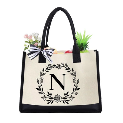 Letter Canvas Bag Women Hit Color Simple Shoulder Shopping Tote Handbag