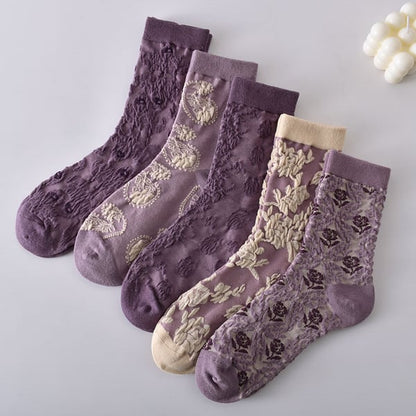 Black Friday Sale 50 % RABATT – 5 Paar violette Baumwollsocken mit Vintage-Blumenmuster für Damen