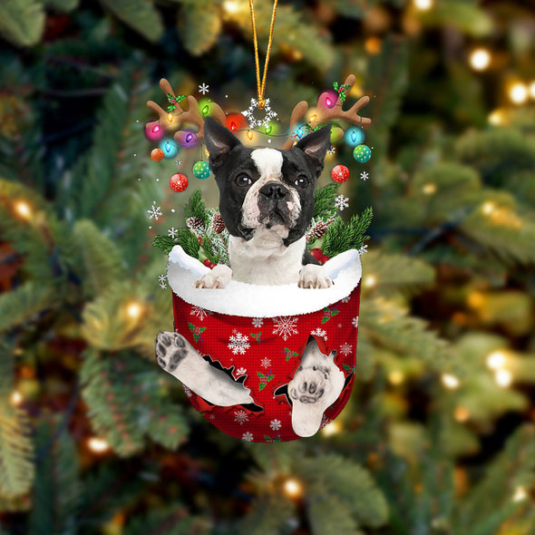 BLACK Boston Terrier In Snow Pocket Christmas Ornament