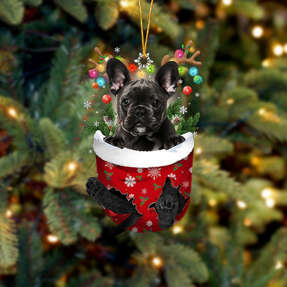 SCHWARZE französische Bulldogge im Schnee-Taschen-Weihnachtsschmuck 