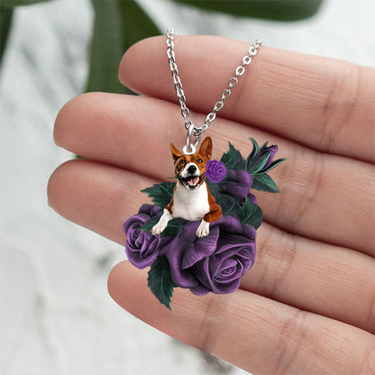 Basenji In Purple Rose Stainless Steel Necklace