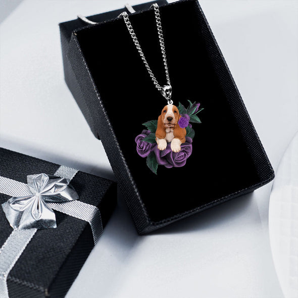 Basset Hound In Purple Rose Stainless Steel Necklace