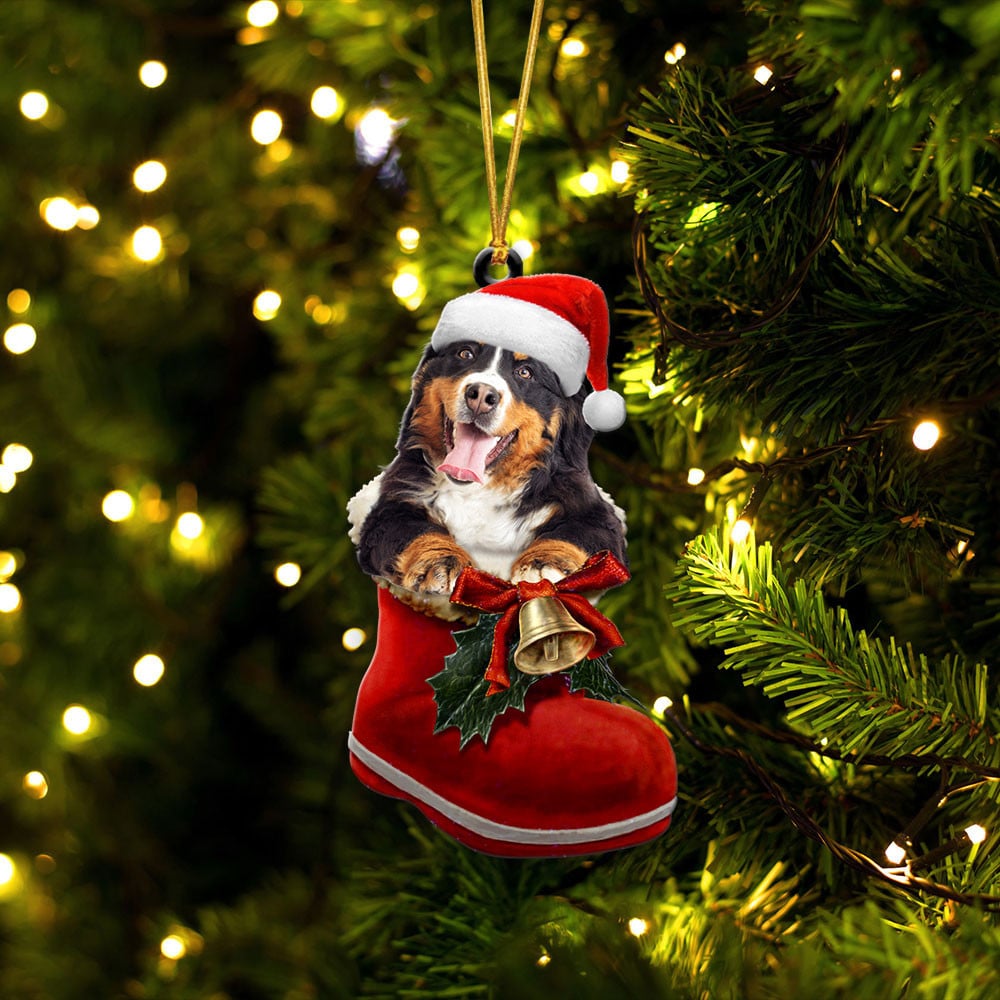 BERNESE MOUNTAIN DOG-IN SANTA BOOT CHRISTMAS-TWO SIDED ORNAMENT