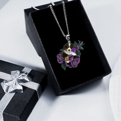 Bernese Mountain In Purple Rose Stainless Steel Necklace