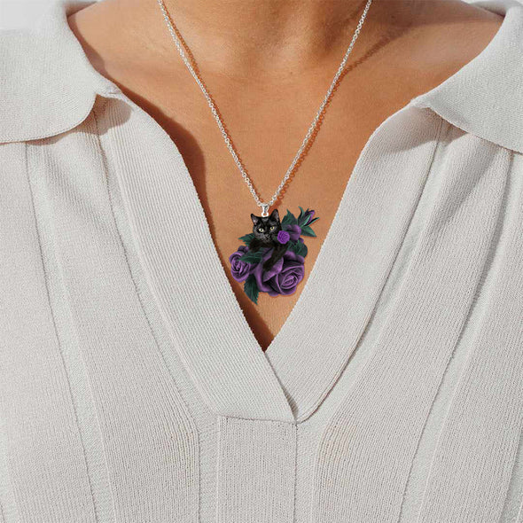 Black Cat In Purple Rose Stainless Steel Necklace