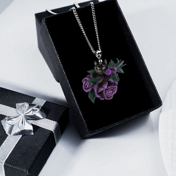 Black Cat In Purple Rose Stainless Steel Necklace