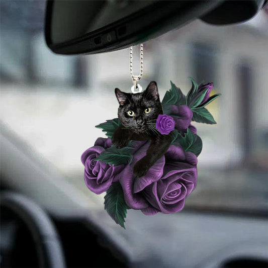 Schwarze Katze in lila Rose als Auto-Hängedekoration