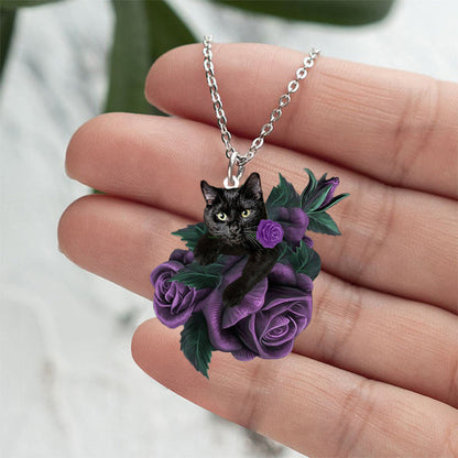 Black Cat In Purple Rose Stainless Steel Necklace