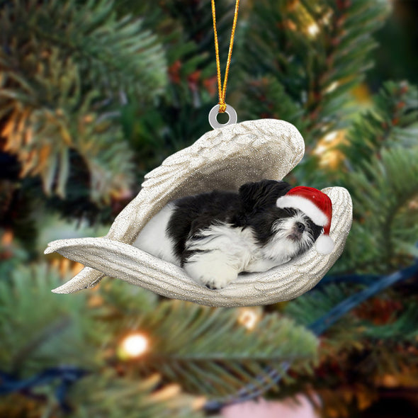 Black and white shih tzu Sleeping Angel Christmas Ornament