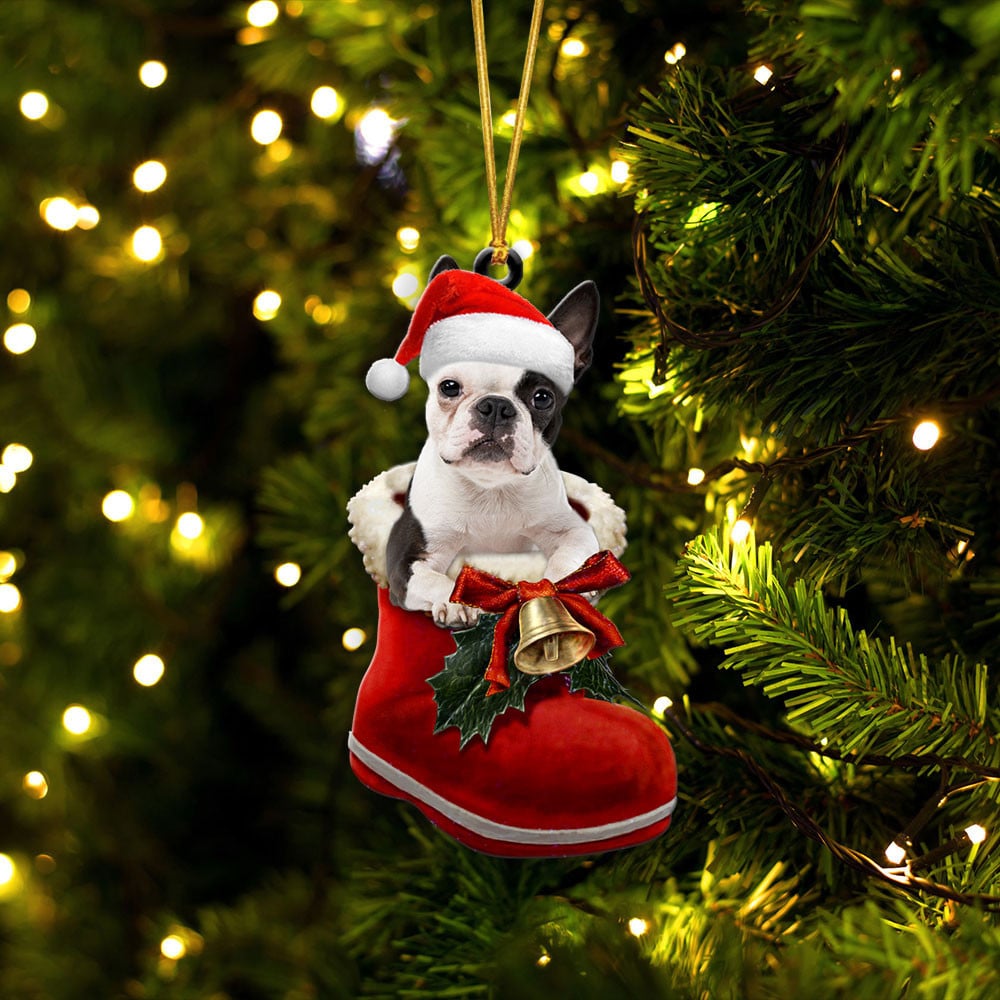 BOSTON TERRIER-IN SANTA BOOT CHRISTMAS-TWO SIDED ORNAMENT